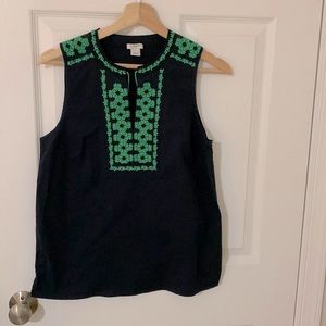 Navy Sleeveless Top w/Green Embroidery